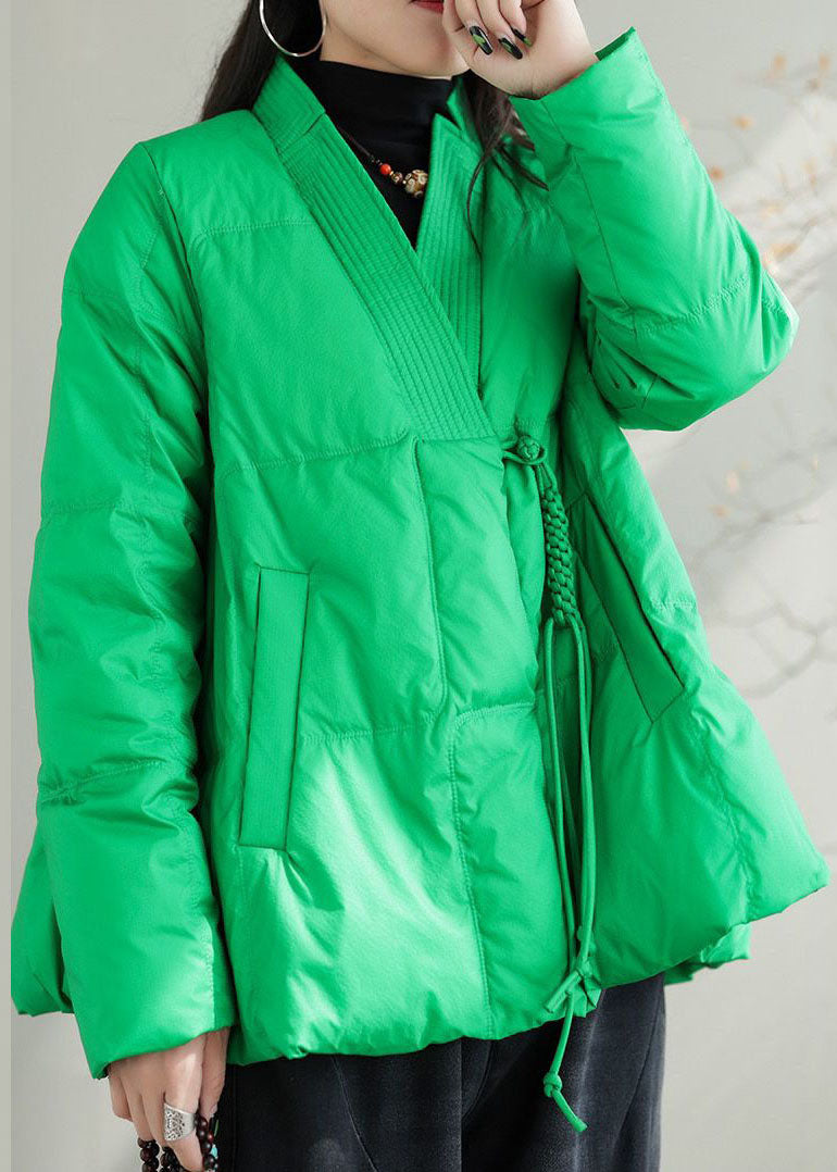 Beautiful Green V Neck Pockets Duck Down Jackets Winter - Down Jackets - DYAVOR®