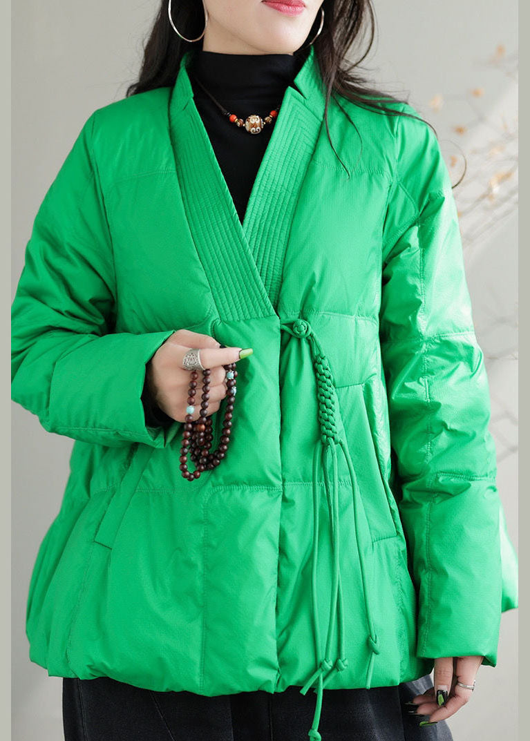 Beautiful Green V Neck Pockets Duck Down Jackets Winter - Down Jackets - DYAVOR®