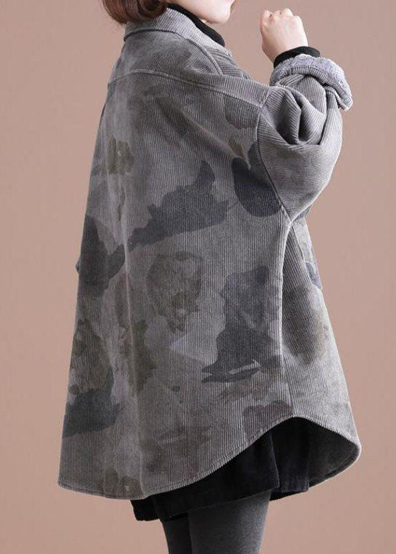 Beautiful Grey Peter Pan Collar Print Corduroy Winter Coat - Down Jackets - DYAVOR®