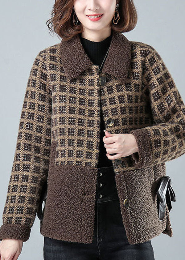 Beautiful Khaki Peter Pan Collar Pockets Plaid Faux Fur Coats Winter - Down Jackets - DYAVOR®