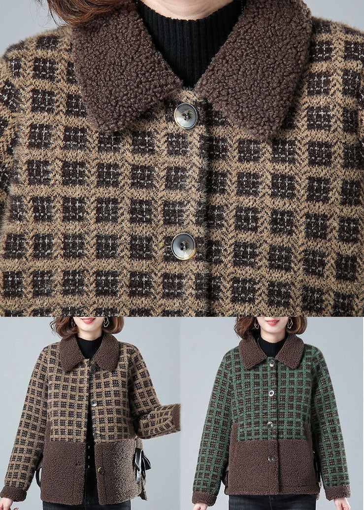 Beautiful Khaki Peter Pan Collar Pockets Plaid Faux Fur Coats Winter - Down Jackets - DYAVOR®
