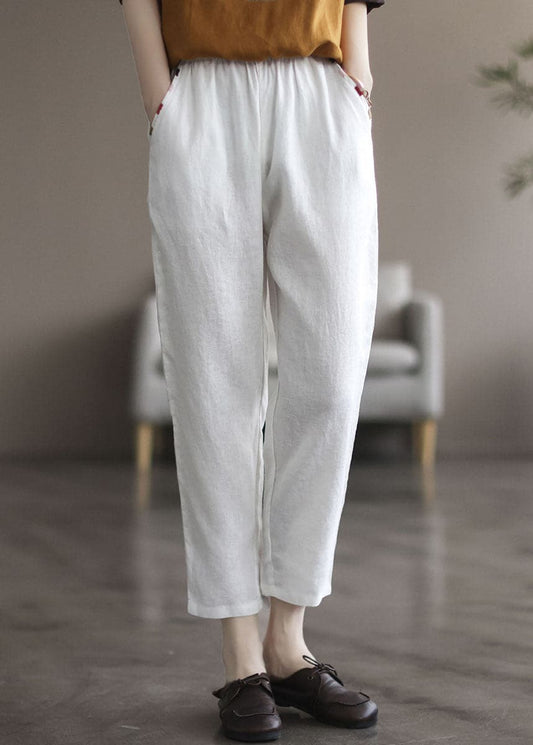 Beautiful White Elastic Waist Solid Linen Harem Pants Summer - Crop Pants - DYAVOR®
