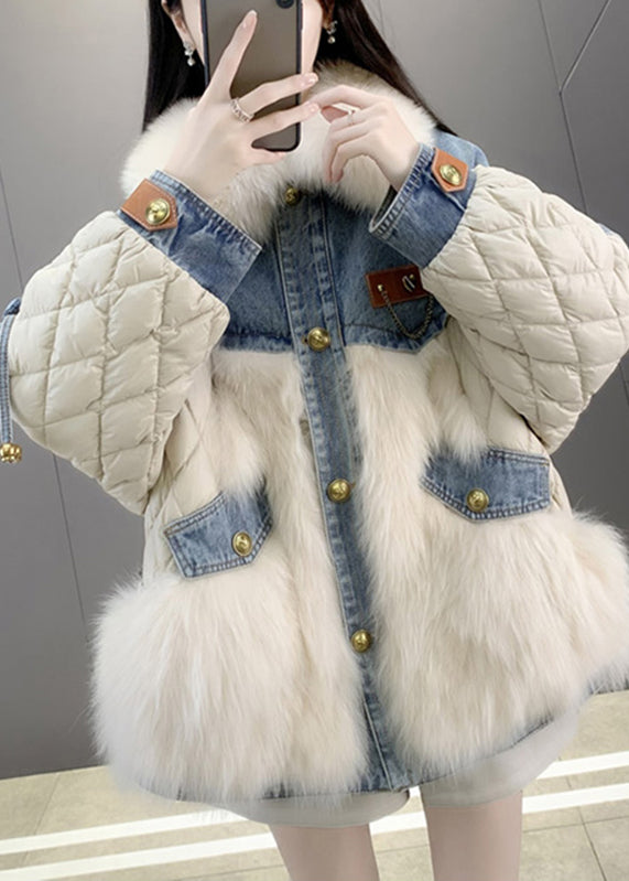 Beige Fox collar Denim Patchwork Button Down Coats Winter - Down Jackets - DYAVOR®