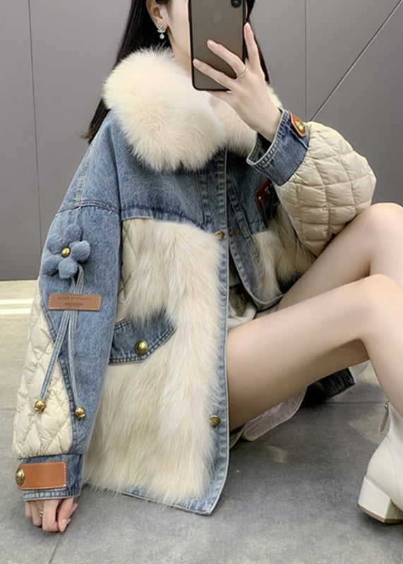 Beige Fox collar Denim Patchwork Button Down Coats Winter - Down Jackets - DYAVOR®