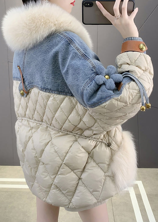Beige Fox collar Denim Patchwork Button Down Coats Winter - Down Jackets - DYAVOR®