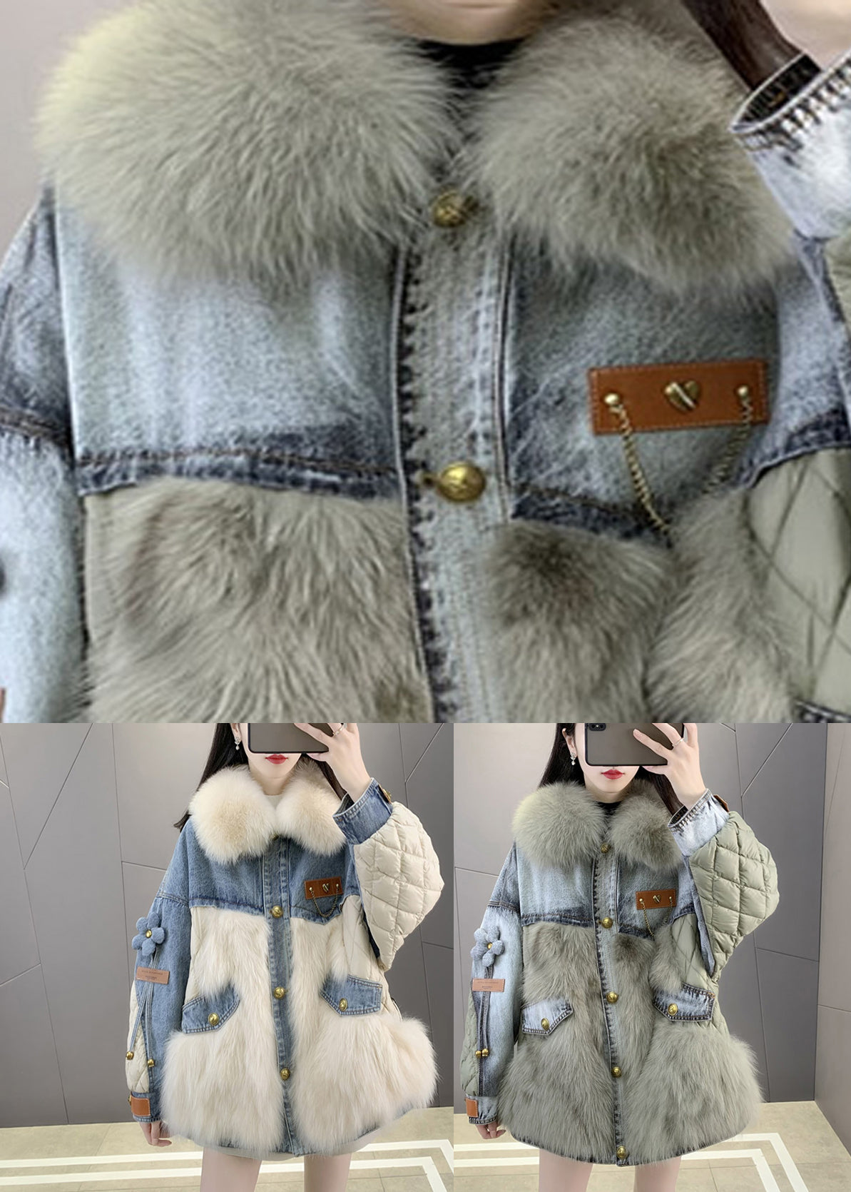Beige Fox collar Denim Patchwork Button Down Coats Winter - Down Jackets - DYAVOR®