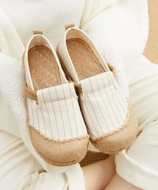 Beige Striped Cotton Linen Flat Flat Shoes For Women - Flats Shoes - DYAVOR®