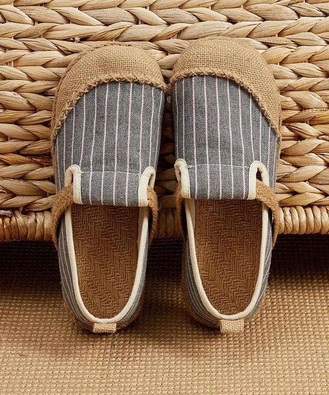 Beige Striped Cotton Linen Flat Flat Shoes For Women - Flats Shoes - DYAVOR®