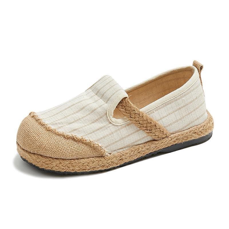 Beige Striped Cotton Linen Flat Flat Shoes For Women - Flats Shoes - DYAVOR®
