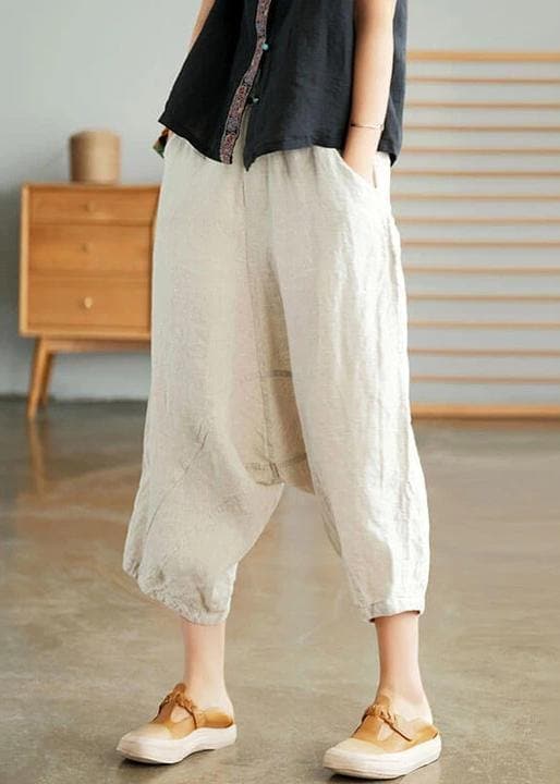 Beige Women Casual Solid Color Linen Pocket Pants - Pants - DYAVOR®