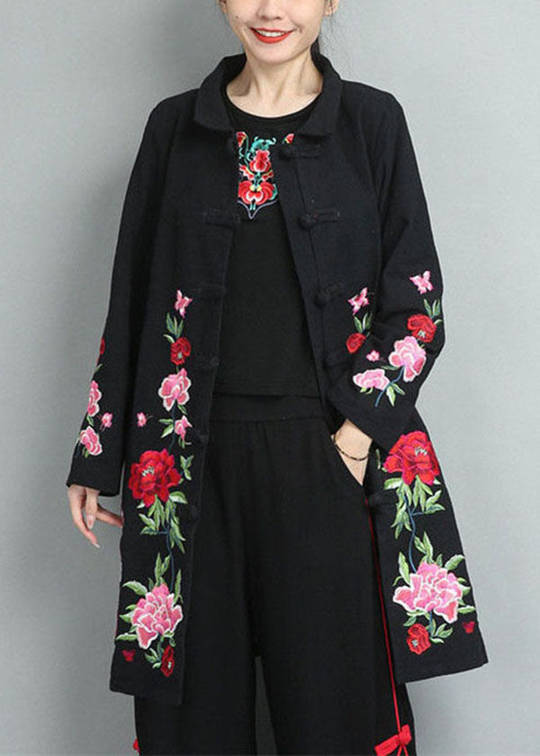 Black Cotton Coats Embroideried Oriental Button Fall - Down Jackets - DYAVOR®