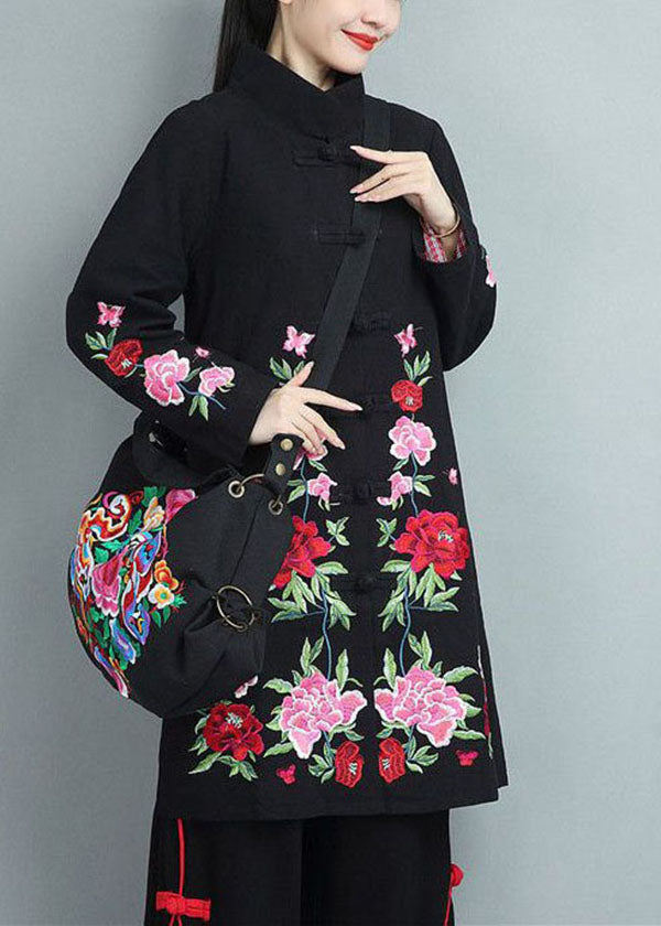 Black Cotton Coats Embroideried Oriental Button Fall - Down Jackets - DYAVOR®