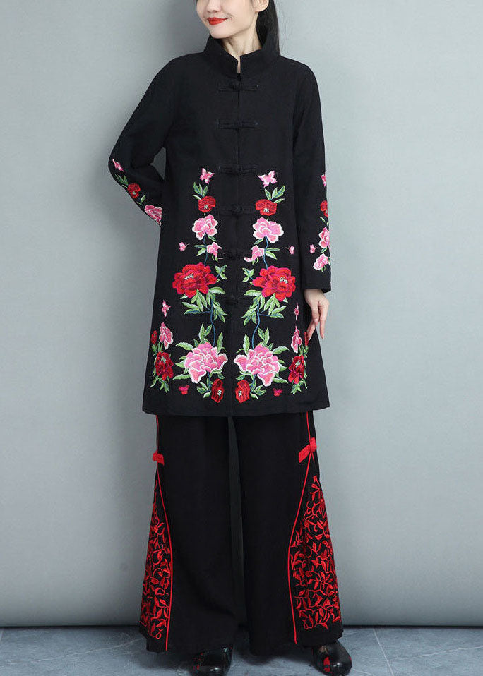Black Cotton Coats Embroideried Oriental Button Fall - Down Jackets - DYAVOR®