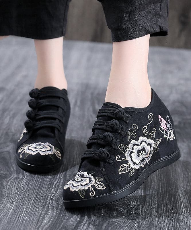 Black Cotton Fabric High Wedge Heels Shoes Embroideried Buckle Strap Flat Shoes For Women - Flats Shoes - DYAVOR®