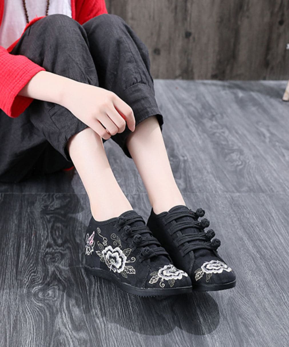Black Cotton Fabric High Wedge Heels Shoes Embroideried Buckle Strap Flat Shoes For Women - Flats Shoes - DYAVOR®