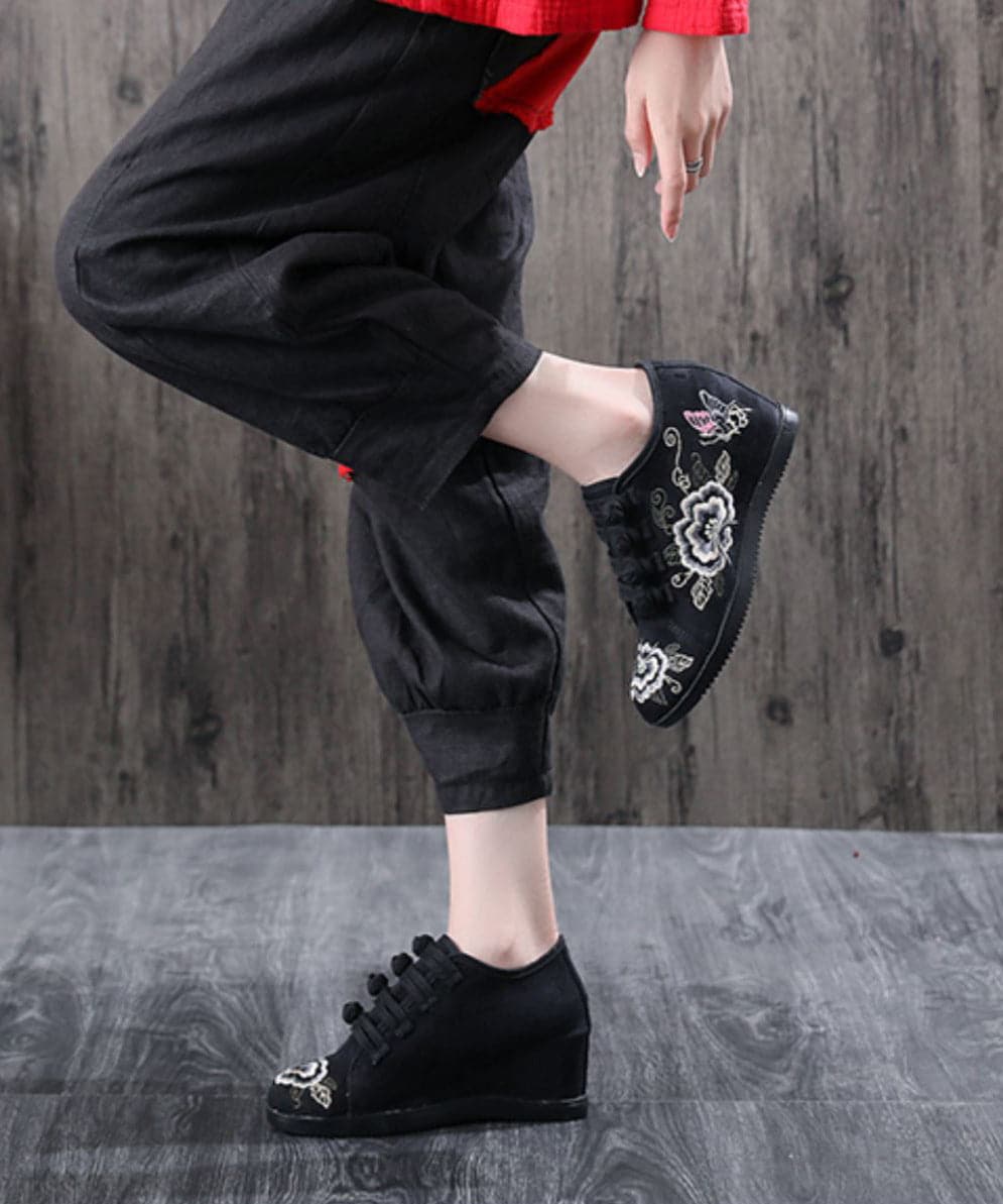 Black Cotton Fabric High Wedge Heels Shoes Embroideried Buckle Strap Flat Shoes For Women - Flats Shoes - DYAVOR®