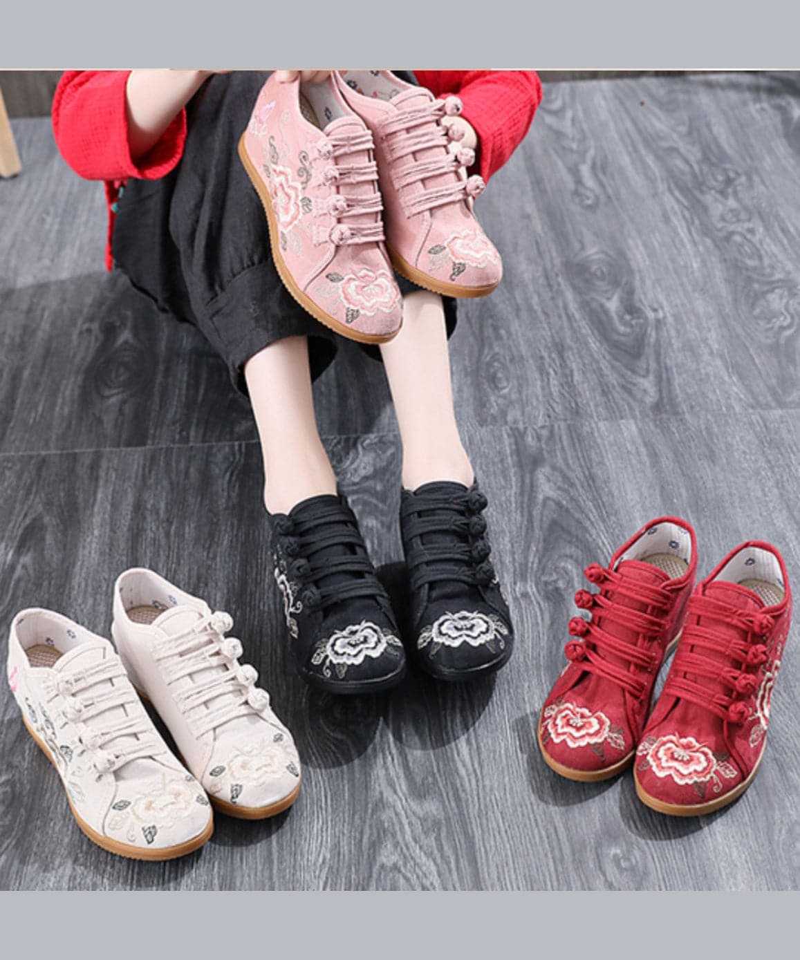 Black Cotton Fabric High Wedge Heels Shoes Embroideried Buckle Strap Flat Shoes For Women - Flats Shoes - DYAVOR®