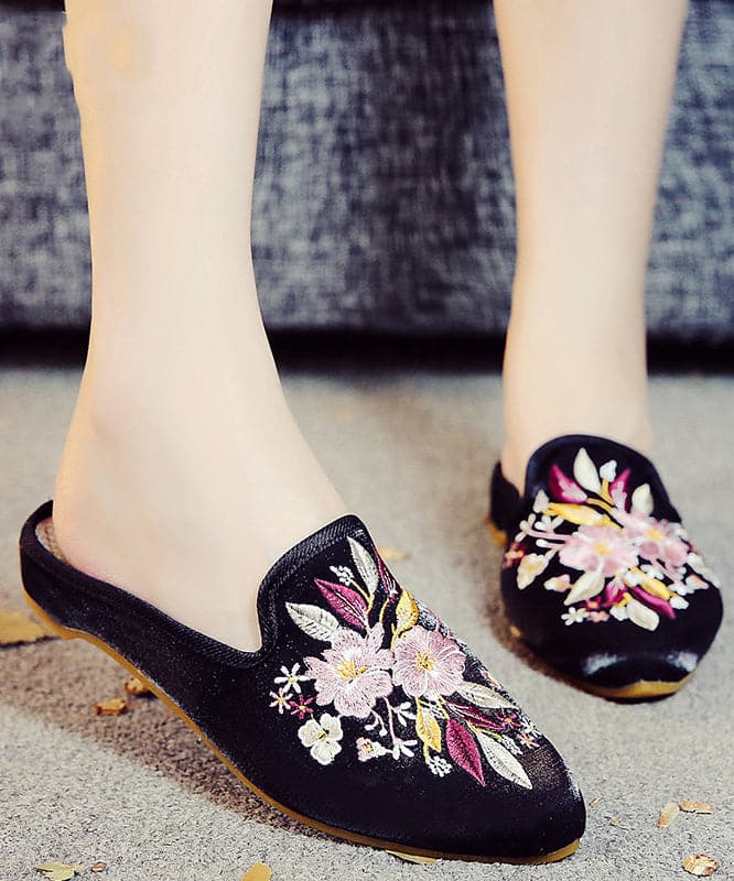 Black Embroideried Cotton Fabric Women Pointed Toe Slide Sandals - Slide Sandals - DYAVOR®