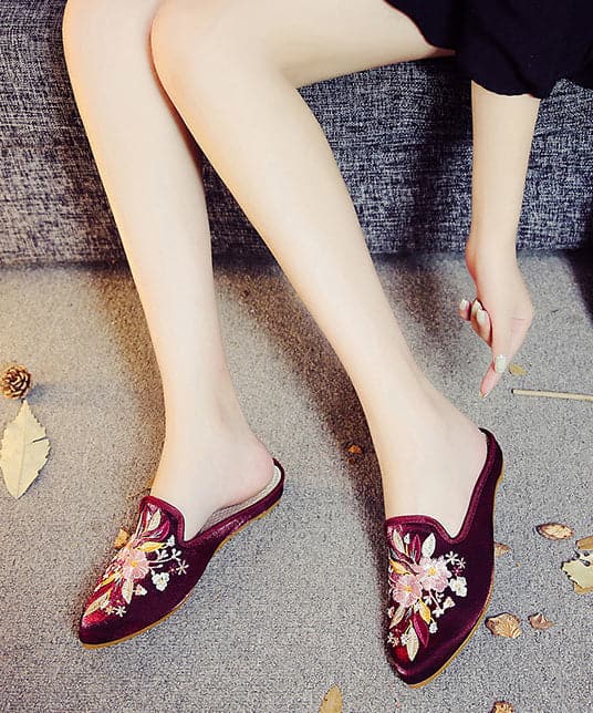 Black Embroideried Cotton Fabric Women Pointed Toe Slide Sandals - Slide Sandals - DYAVOR®