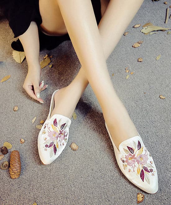 Black Embroideried Cotton Fabric Women Pointed Toe Slide Sandals - Slide Sandals - DYAVOR®