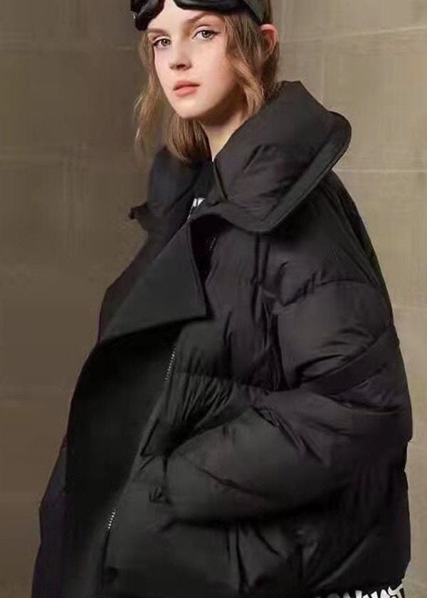 Black Patchwork Duck Down Puffer Coat Zip Up Letter Print Winter - Down Jackets - DYAVOR®