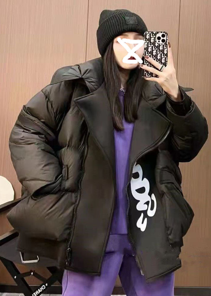 Black Patchwork Duck Down Puffer Coat Zip Up Letter Print Winter - Down Jackets - DYAVOR®