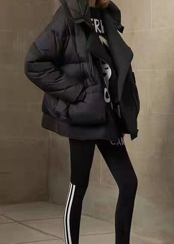 Black Patchwork Duck Down Puffer Coat Zip Up Letter Print Winter - Down Jackets - DYAVOR®