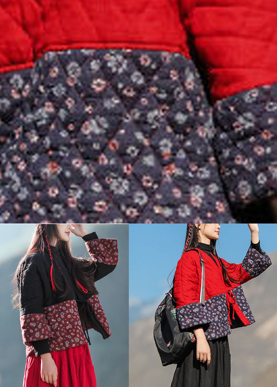Black Patchwork Fine Cotton Filled Cardigan Lace Up Print Winter - Down Jackets - DYAVOR®