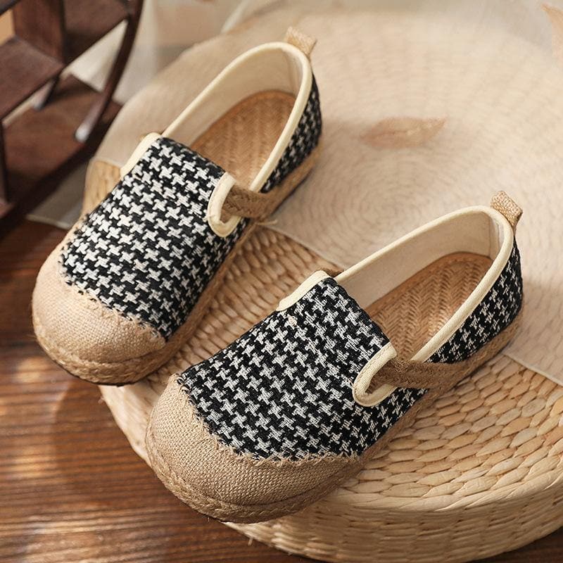 Black Plaid Cotton Linen For Women Splicing Flat Feet Shoes - Flats Shoes - DYAVOR®
