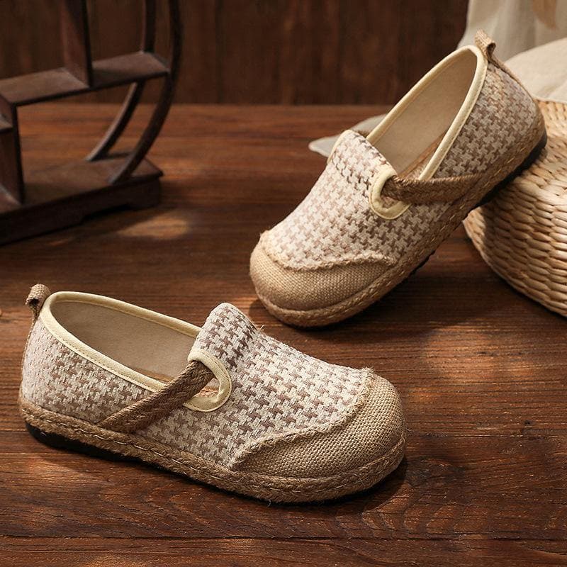 Black Plaid Cotton Linen For Women Splicing Flat Feet Shoes - Flats Shoes - DYAVOR®