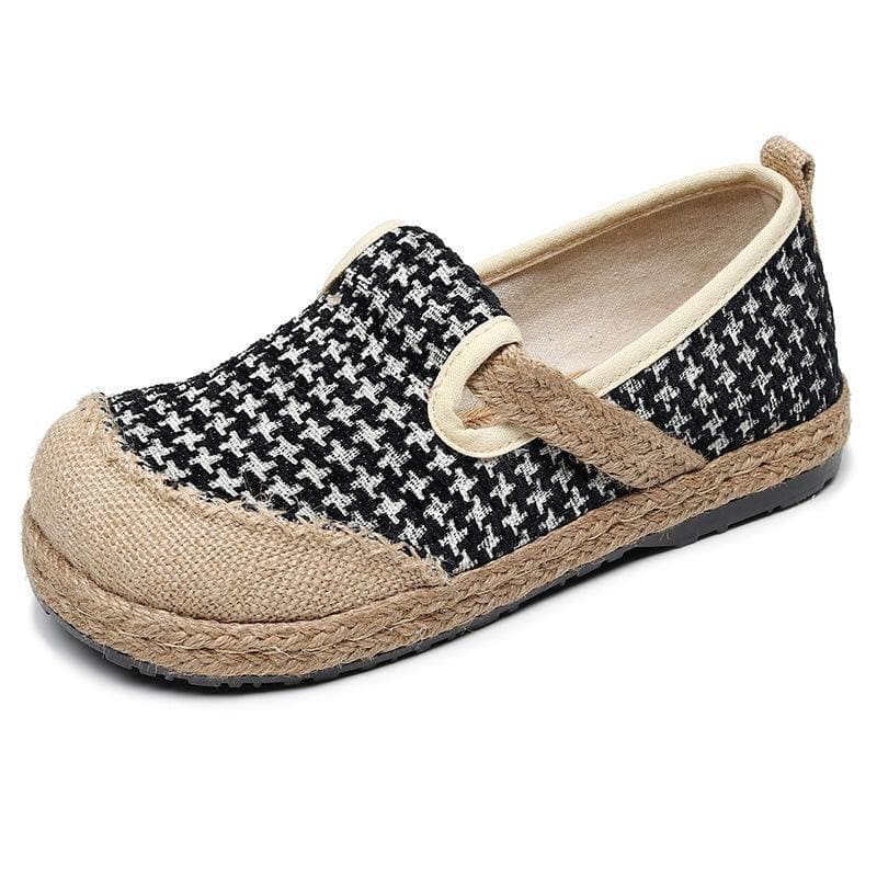 Black Plaid Cotton Linen For Women Splicing Flat Feet Shoes - Flats Shoes - DYAVOR®