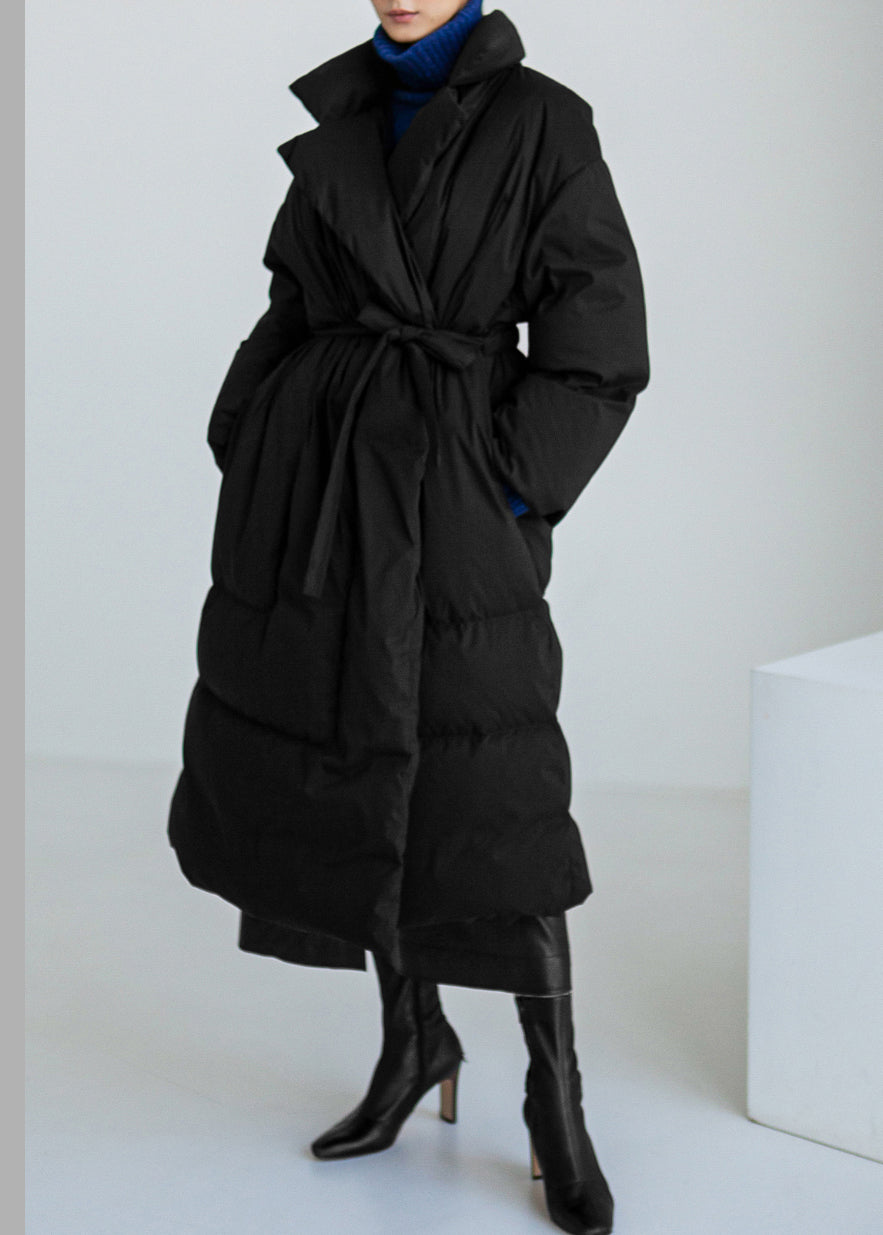 Black Stand Collar Tie Waist Womens Parka Long Sleeve - Down Jackets - DYAVOR®
