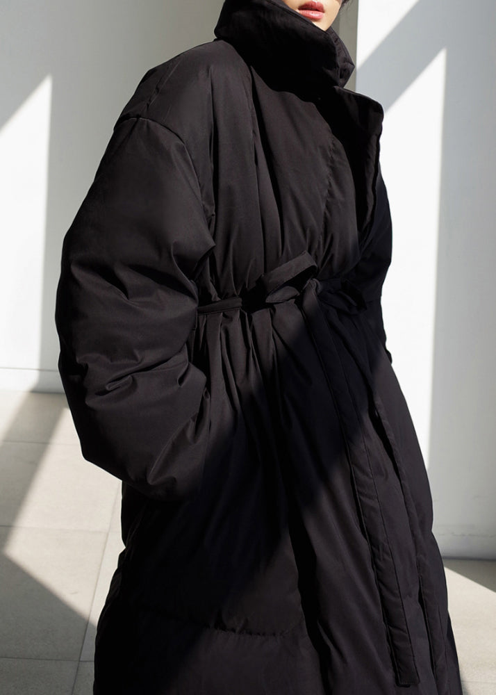 Black Stand Collar Tie Waist Womens Parka Long Sleeve - Down Jackets - DYAVOR®