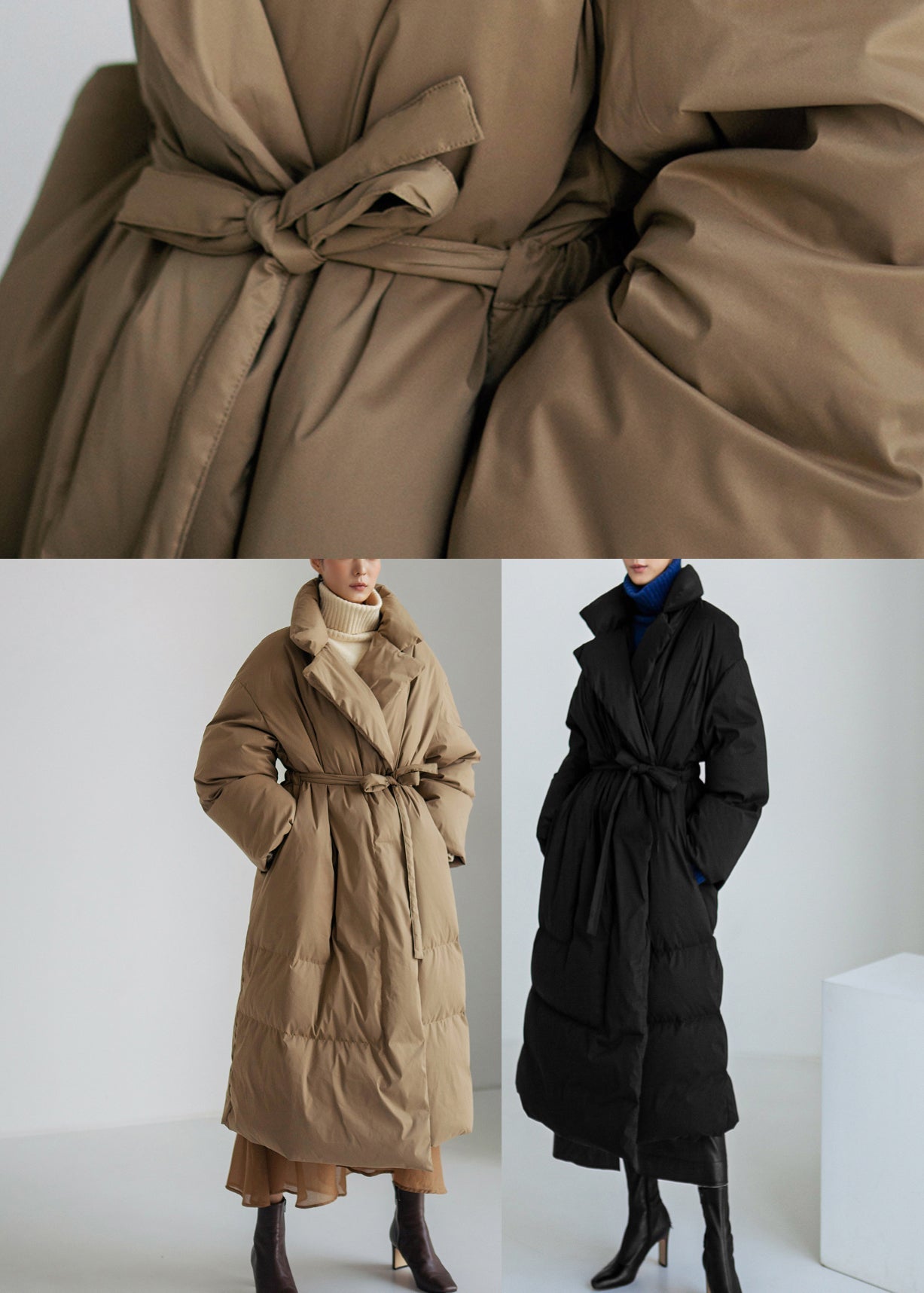 Black Stand Collar Tie Waist Womens Parka Long Sleeve - Down Jackets - DYAVOR®