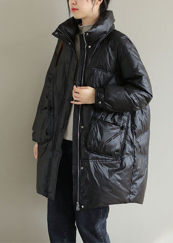 Black Thick Duck Down Down Coat Stand Collar Oversized Pockets Winter - Down Jackets - DYAVOR®