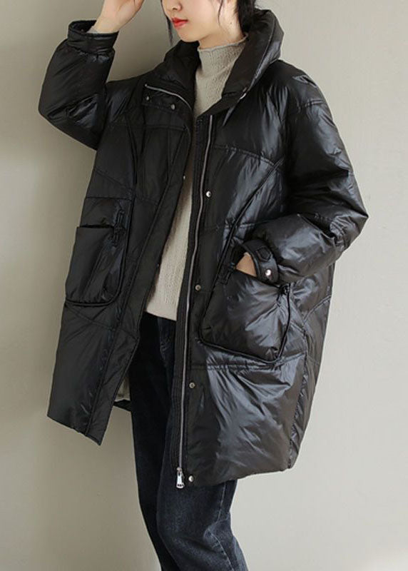 Black Thick Duck Down Down Coat Stand Collar Oversized Pockets Winter - Down Jackets - DYAVOR®