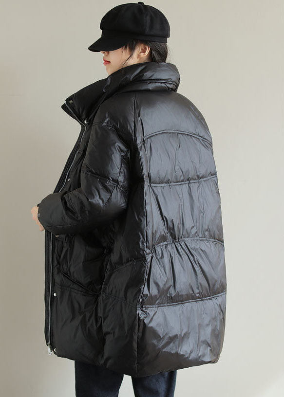 Black Thick Duck Down Down Coat Stand Collar Oversized Pockets Winter - Down Jackets - DYAVOR®