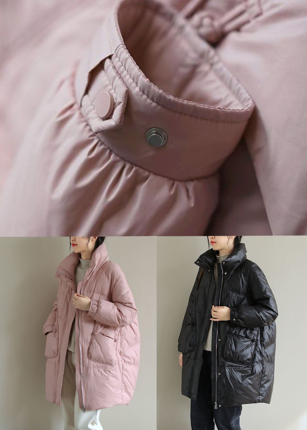 Black Thick Duck Down Down Coat Stand Collar Oversized Pockets Winter - Down Jackets - DYAVOR®