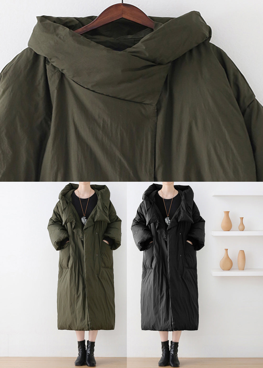 Black Turtleneck Button Duck Down Hooded Long Down Coat Winter - Down Jackets - DYAVOR®