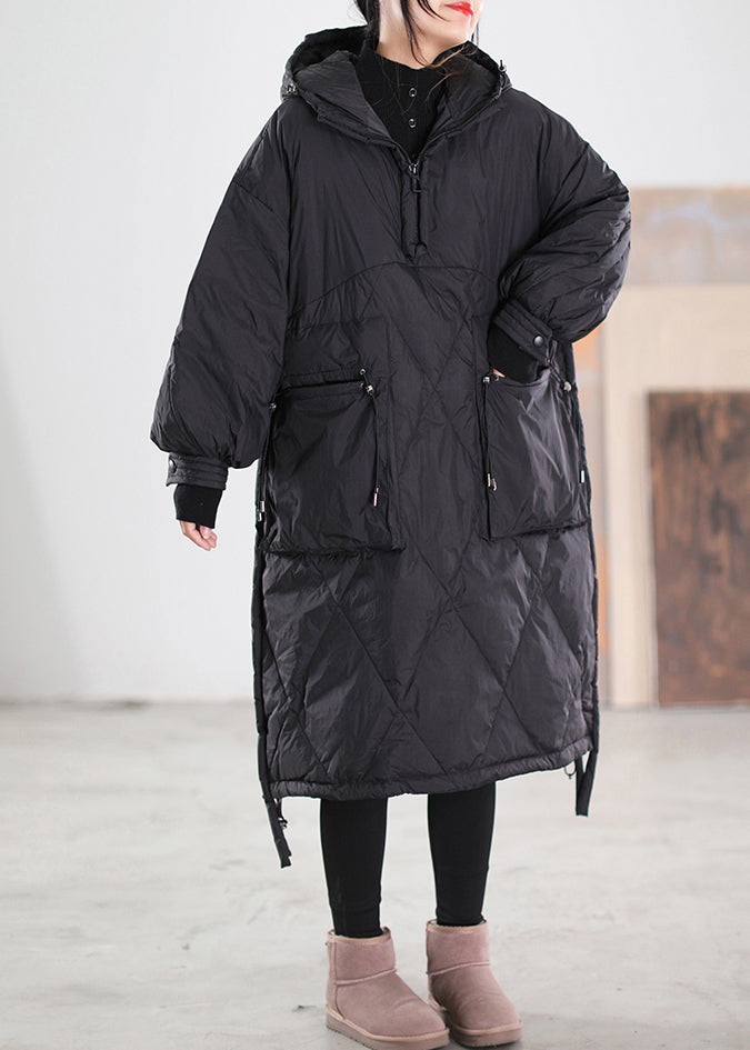 Black Zippered Drawstring Maxi Hooded Duck Down Down Coats Winter - Down Jackets - DYAVOR®