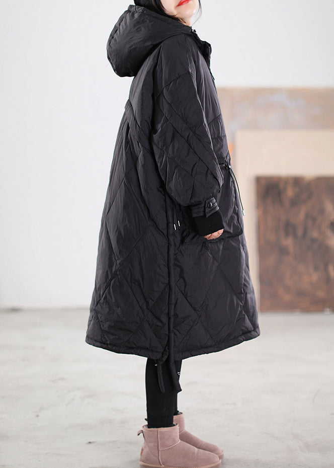 Black Zippered Drawstring Maxi Hooded Duck Down Down Coats Winter - Down Jackets - DYAVOR®