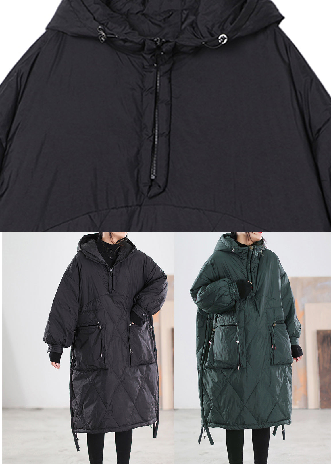 Black Zippered Drawstring Maxi Hooded Duck Down Down Coats Winter - Down Jackets - DYAVOR®