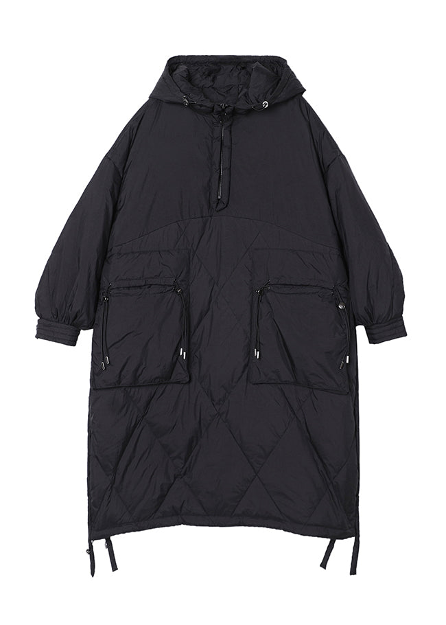 Black Zippered Drawstring Maxi Hooded Duck Down Down Coats Winter - Down Jackets - DYAVOR®
