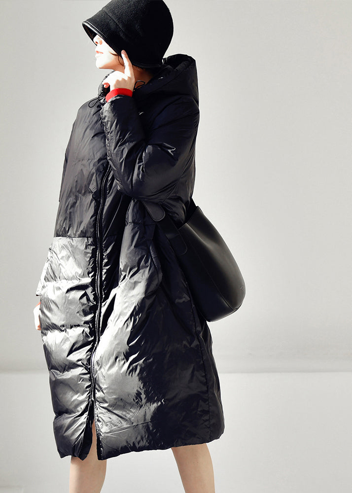 Black Zippered Long Hooded Duck Down Filled Down Coat Winter - Down Jackets - DYAVOR®