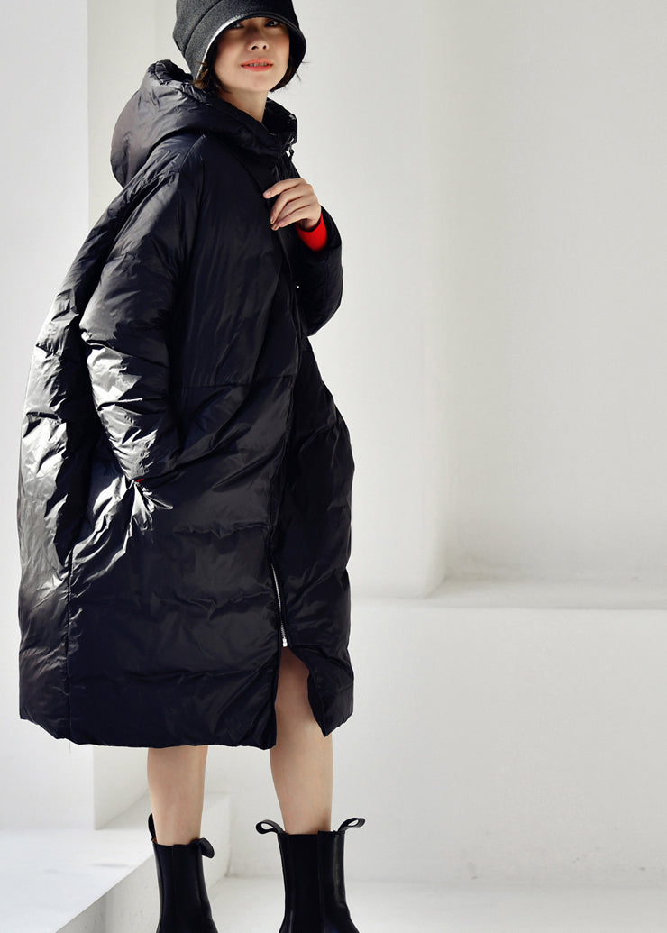 Black Zippered Long Hooded Duck Down Filled Down Coat Winter - Down Jackets - DYAVOR®