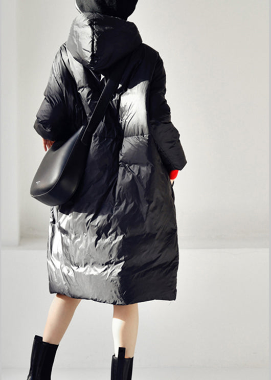 Black Zippered Long Hooded Duck Down Filled Down Coat Winter - Down Jackets - DYAVOR®