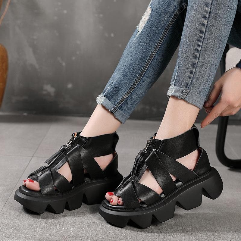 Black zippered Flat Platform Walking Sandals - Sandals - DYAVOR®