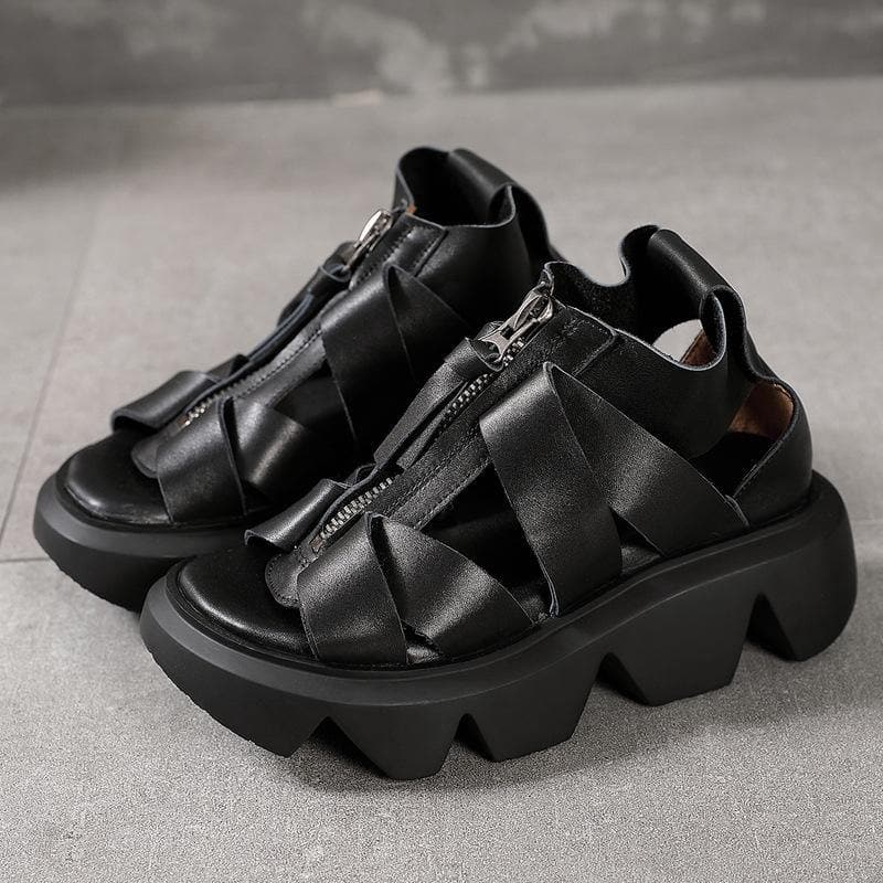 Black zippered Flat Platform Walking Sandals - Sandals - DYAVOR®