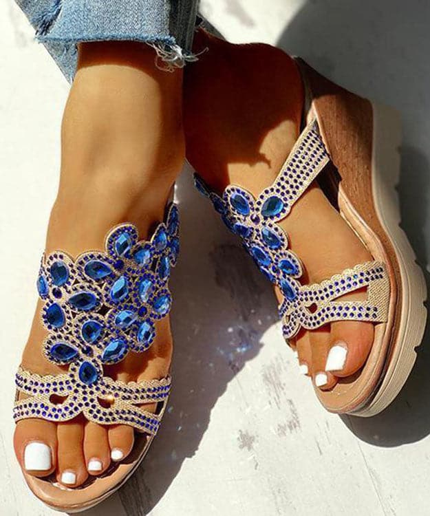 Blue Gemstone High Wedge Heels Faux Leather 2022 Peep Toe Slide Sandals - Slide Sandals - DYAVOR®