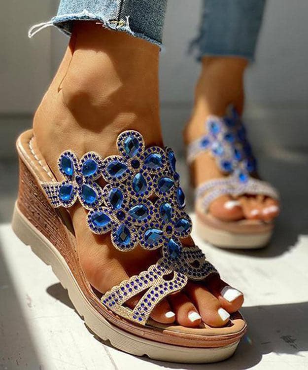 Blue Gemstone High Wedge Heels Faux Leather 2022 Peep Toe Slide Sandals - Slide Sandals - DYAVOR®